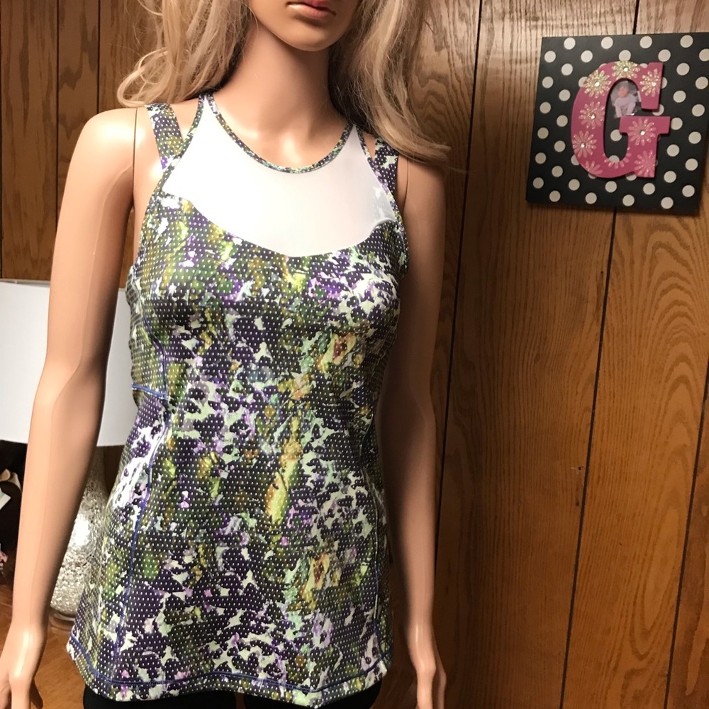 Lululemon Green Mesh Polka Dot Foloral-Active Running The City Tank -Size 6 - Picture 2 of 11